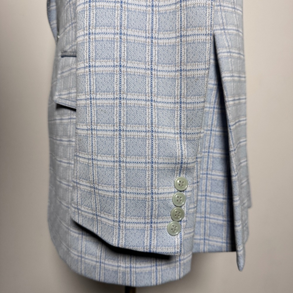 Van Cort Blazer Mens 44R Light Blue Plaid Vintage 70s Polyester Sport Coat - Picture 3 of 7